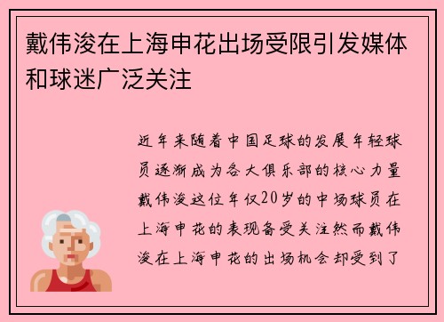 戴伟浚在上海申花出场受限引发媒体和球迷广泛关注