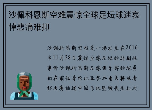 沙佩科恩斯空难震惊全球足坛球迷哀悼悲痛难抑