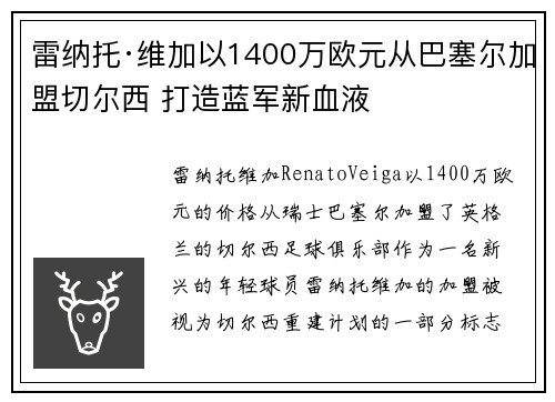 雷纳托·维加以1400万欧元从巴塞尔加盟切尔西 打造蓝军新血液